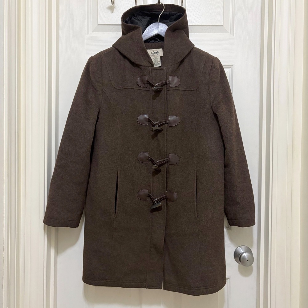 Vintage LL Bean Wool Blend Hooded Duffle Toggle Coat M Petite Brown Fall Preppy